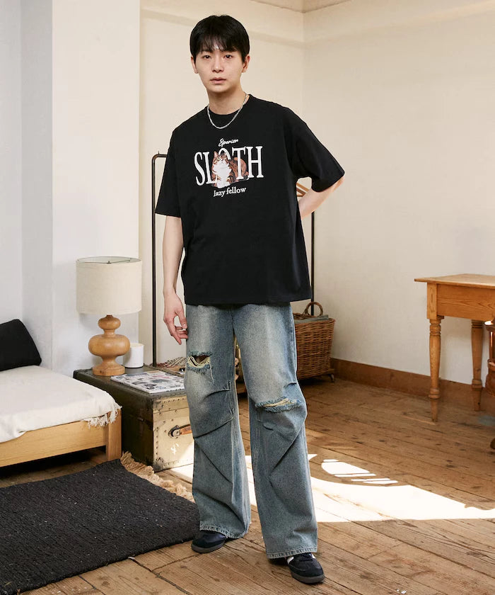 <Functional Material> SLOTH Embroidered Cat T-Shirt Limited Edition