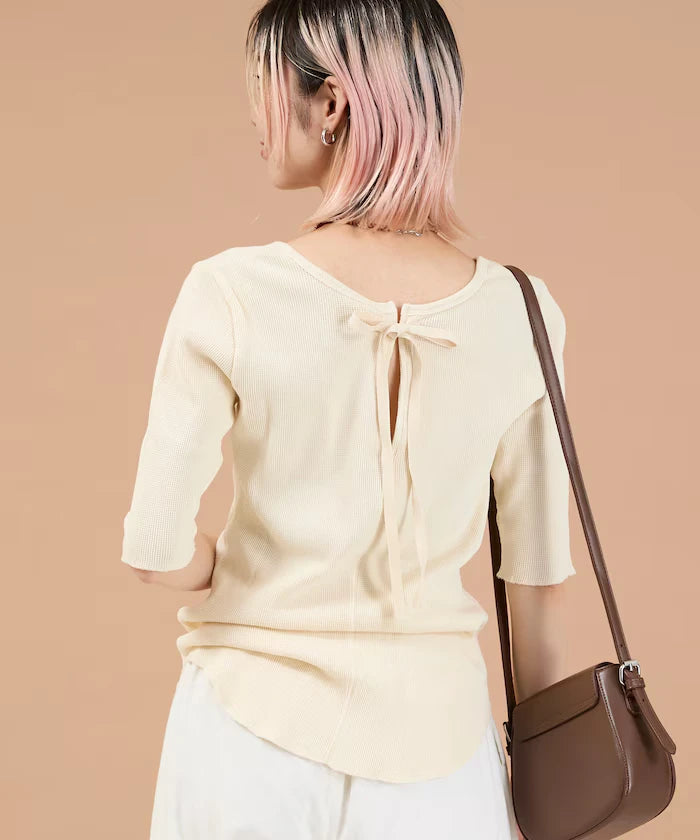Ribbon Tied 2WAY Waffle 5 Sleeve T-Shirt