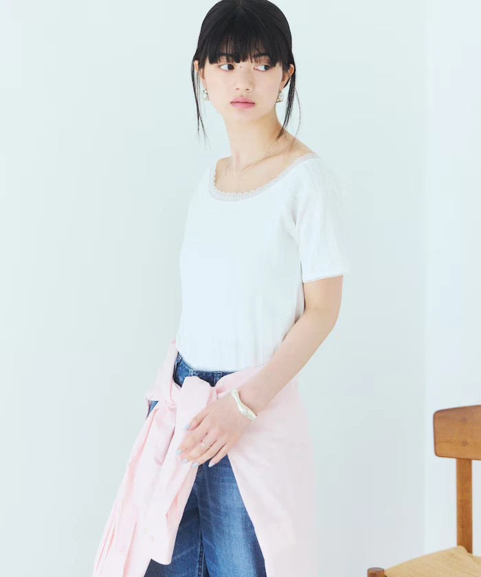 Boat Neck Pullover Knit Lace T-Shirt