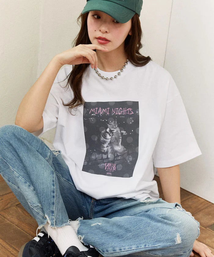 <Functional Material> MIAMI NIGHTS Cat Photo T-shirt Limited Edition