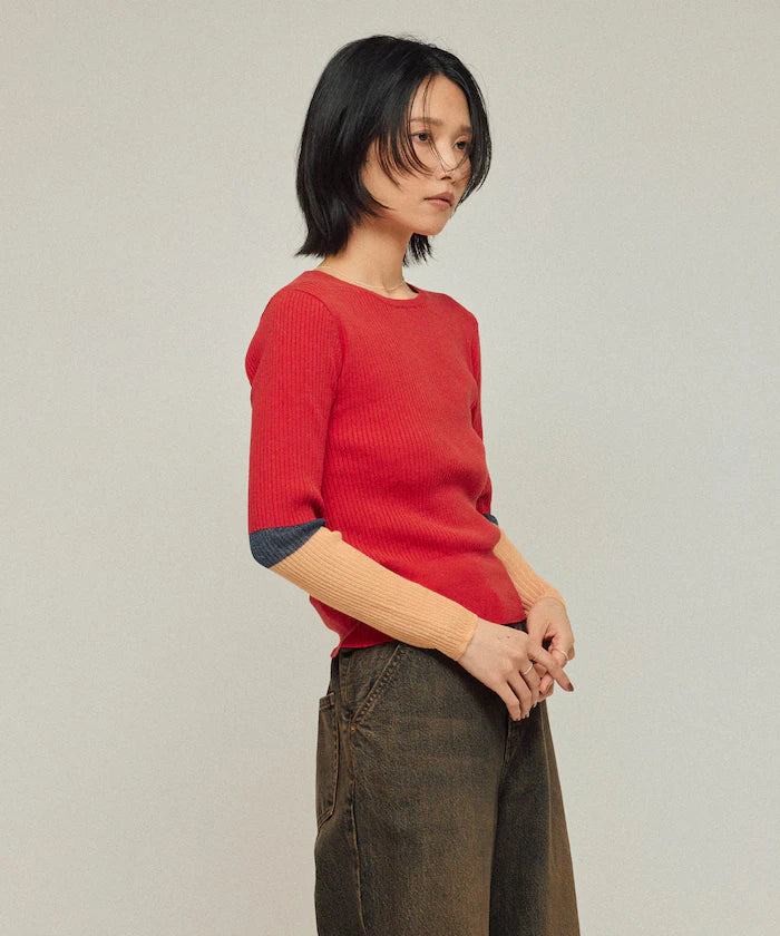Functional material silk blend color block knit pullover / anti-pill / machine washable