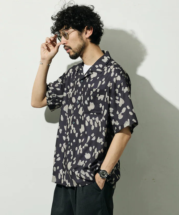 Mesh Open Collar Pattern Short Sleeve Shirt / Allover Design Open Collar Shirt / Big Silhouette