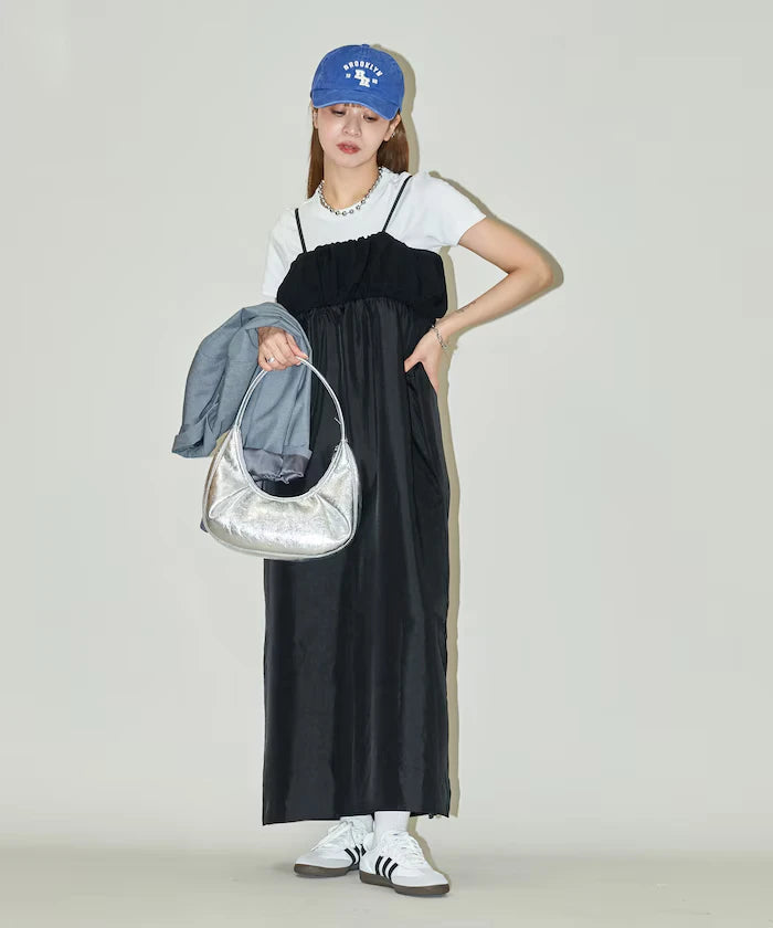 Mixed Material Shirring Satin Dress Limited Release
