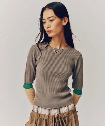 Functional material silk blend color block knit pullover / anti-pill / machine washable