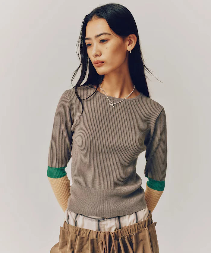 Functional material silk blend color block knit pullover / anti-pill / machine washable