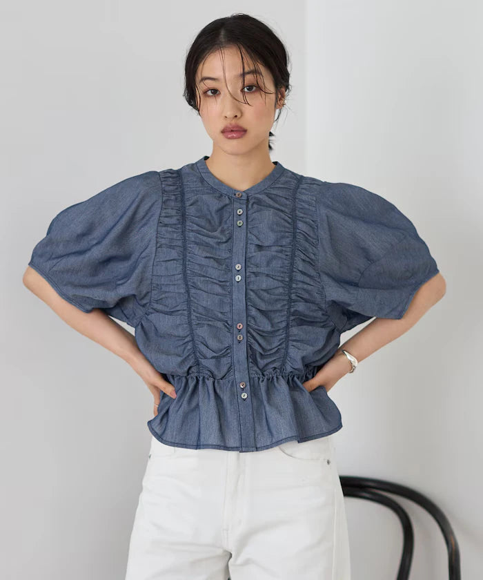 Sheer Shirring Volume Sleeve Blouse / 5 Short Sleeves