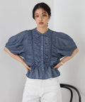 Sheer Shirring Volume Sleeve Blouse / 5 Short Sleeves
