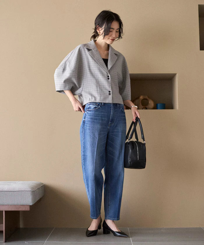 Collar Check Balloon Sleeve Shirt / Compatible with Setup
