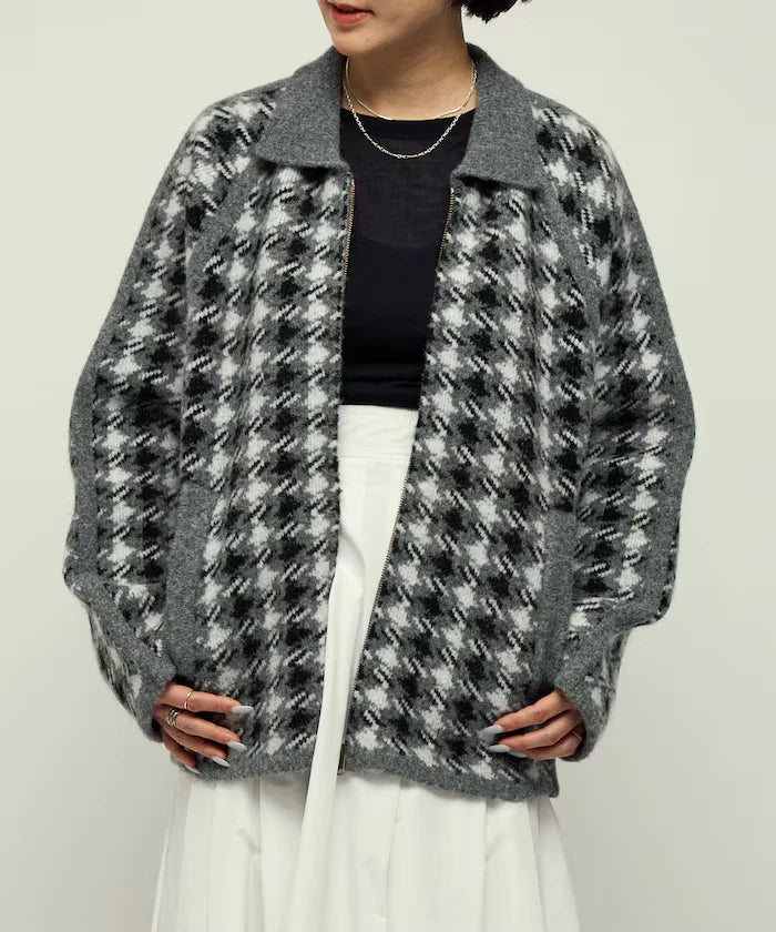 Wool Blend Gancube Check Knit Zip Blouson