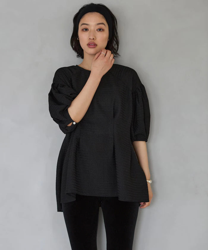 Sheer Check Balloon Sleeve Blouse