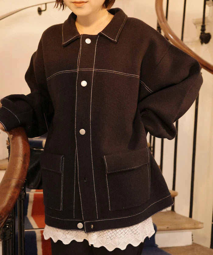 Oversized Wool Blend Knit Coverall / Color Stitch Knit Jacket