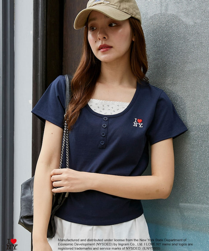I LOVE NY Floral Pattern Layered Style Henley Neck T-Shirt Limited Edition