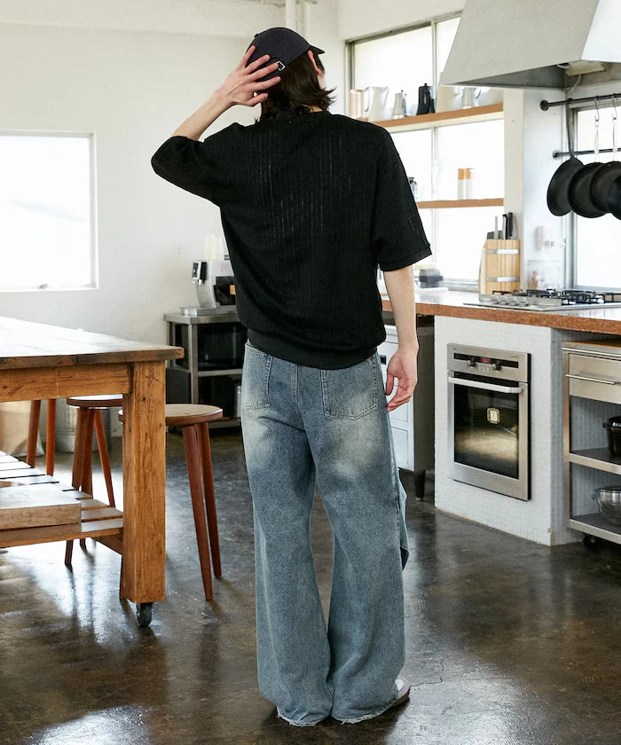 LOVE POP STUDIO Pattern Mesh Henley Neck T-Shirt Limited Release