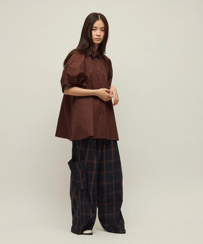 Switching Design Balloon Sleeve Shirt / 5-Minute Sleeve Blouse