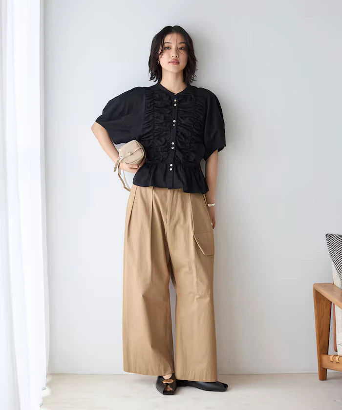 Sheer Shirring Volume Sleeve Blouse / 5 Short Sleeves