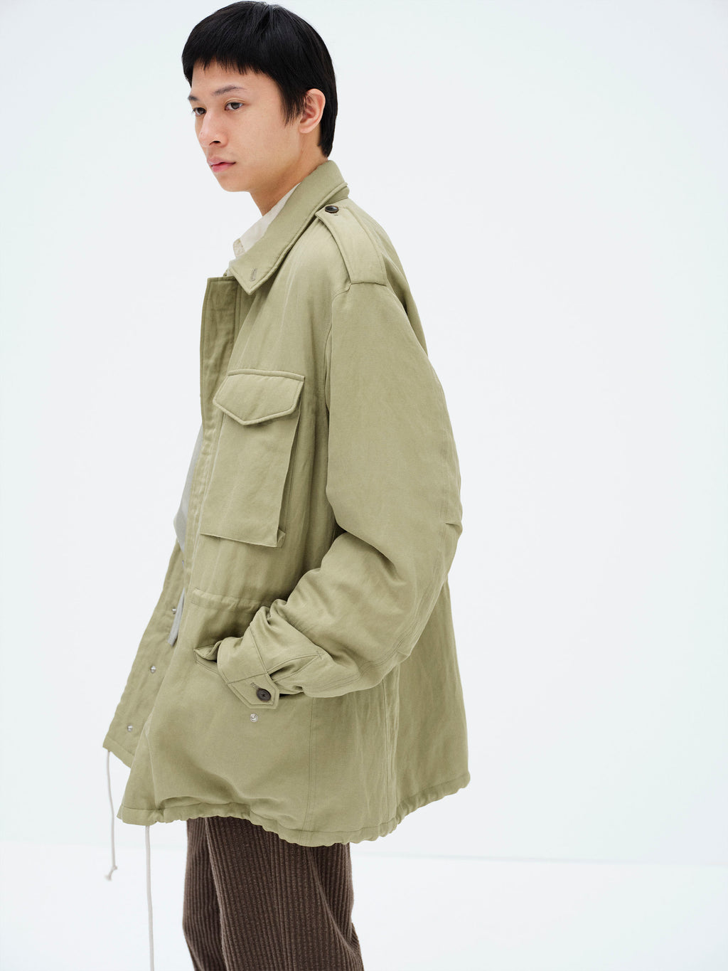 BRUSHED SILK LINEN SATIN PADDED MILITARY BLOUSON