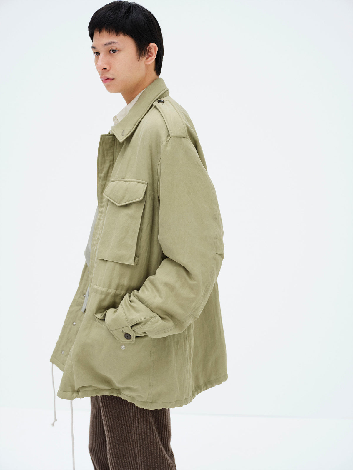 BRUSHED SILK LINEN SATIN PADDED MILITARY BLOUSON
