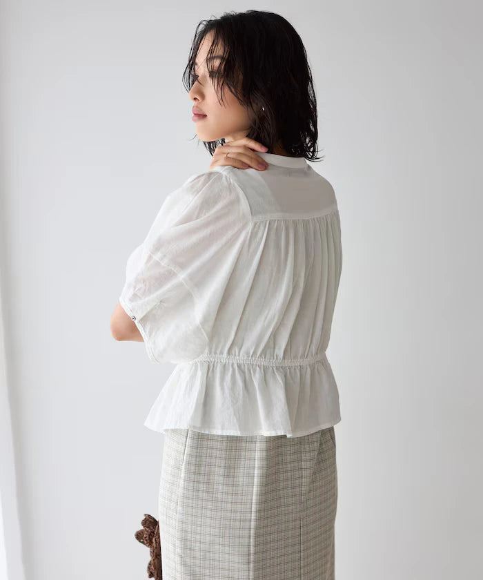 Sheer Shirring Volume Sleeve Blouse / 5 Short Sleeves