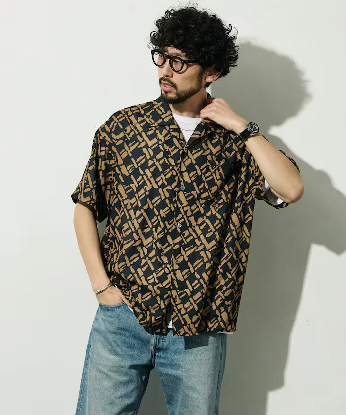 Mesh Open Collar Pattern Short Sleeve Shirt / Allover Design Open Collar Shirt / Big Silhouette