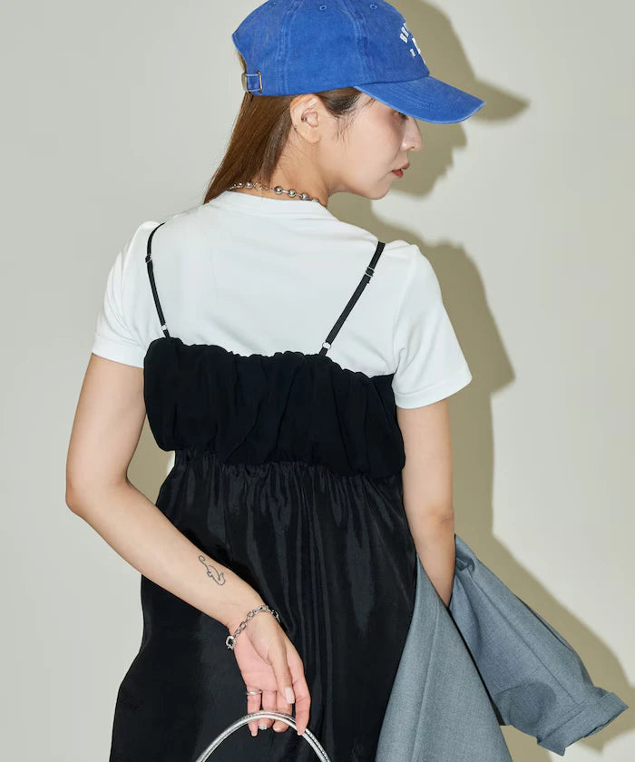 Mixed Material Shirring Satin Dress Limited Release