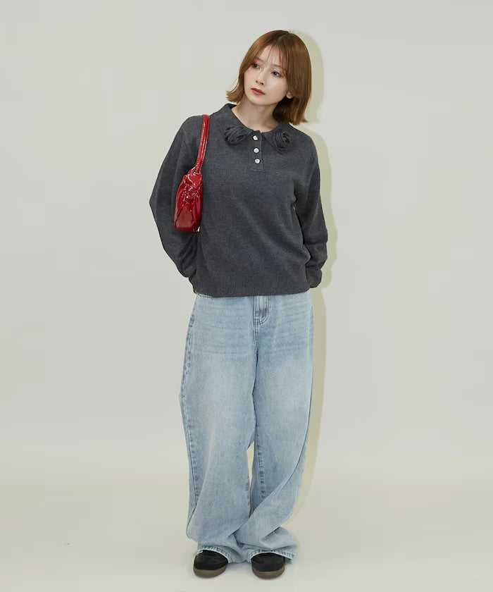 Polo knit pullover with flower motif - limited edition