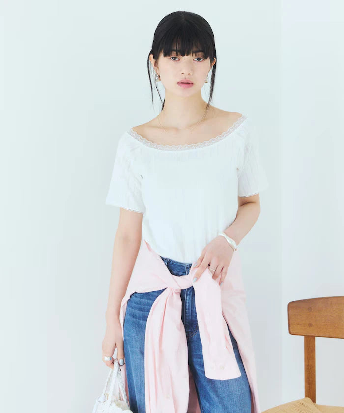 Boat Neck Pullover Knit Lace T-Shirt
