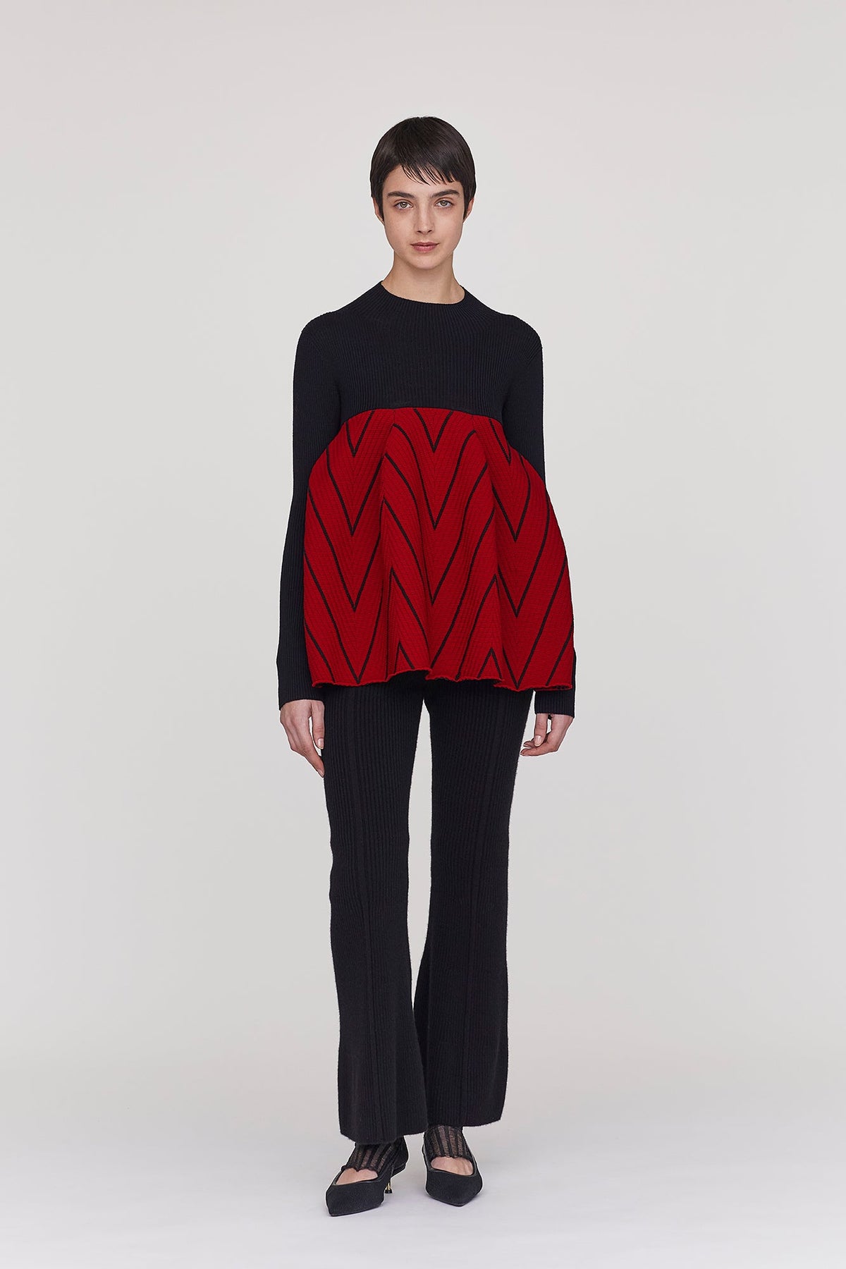 POTTERY HERRINGBONE LONG SLEEVE BUST FLARE TOP