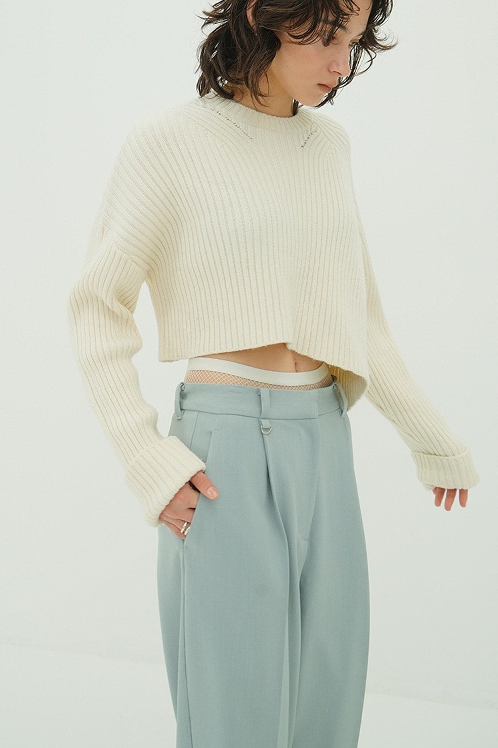 ASYMMETRY WIDE SHORT KNIT TOPS