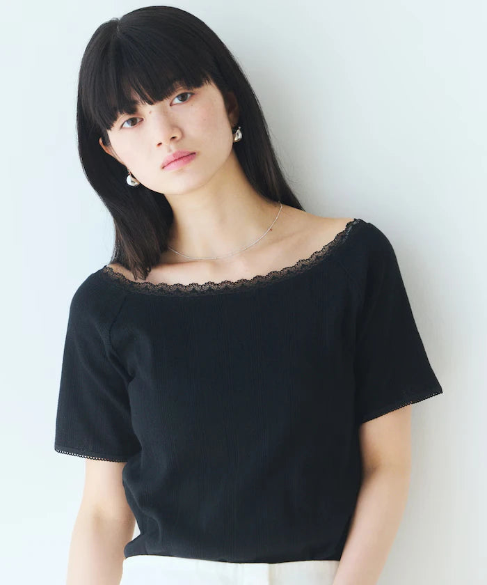 Boat Neck Pullover Knit Lace T-Shirt