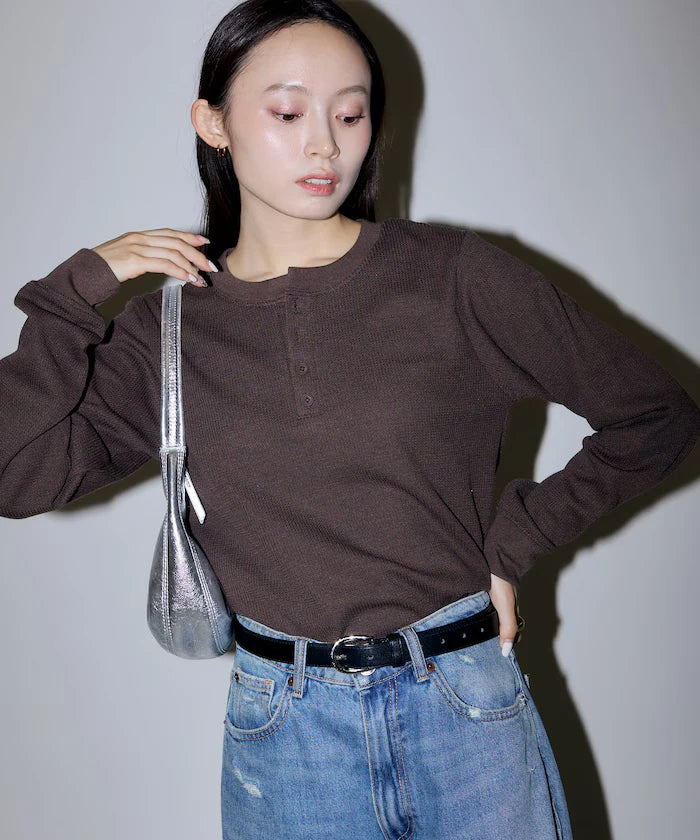 Mini Waffle Henley Neck Cropped Long Sleeve T Limited Edition