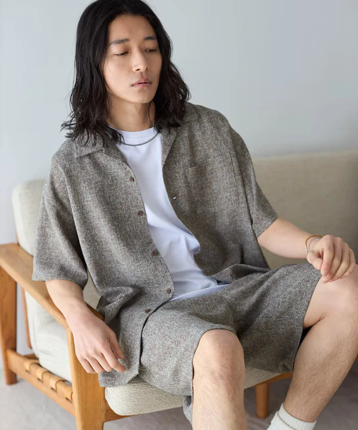 Dry Touch Summer Tweed Short Sleeve Open Collar Shirt