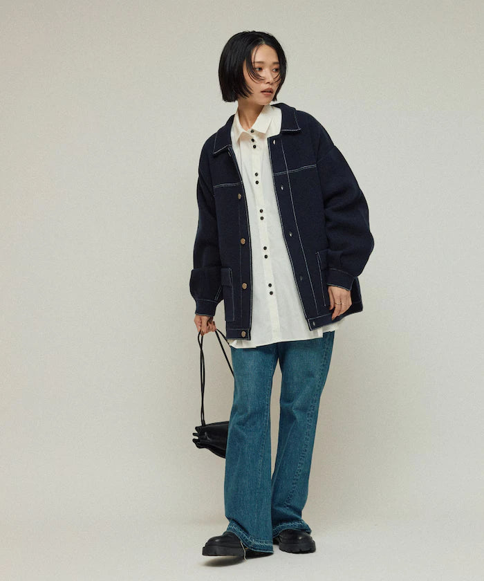 Oversized Wool Blend Knit Coverall / Color Stitch Knit Jacket