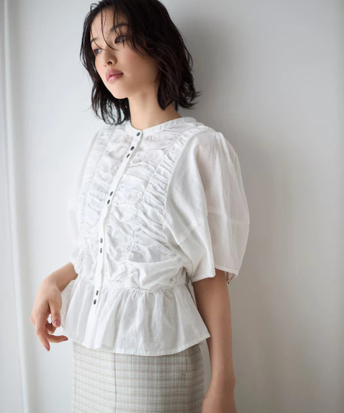 Sheer Shirring Volume Sleeve Blouse / 5 Short Sleeves
