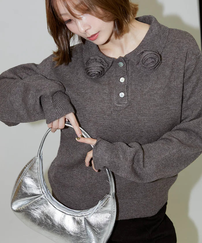 Polo knit pullover with flower motif - limited edition