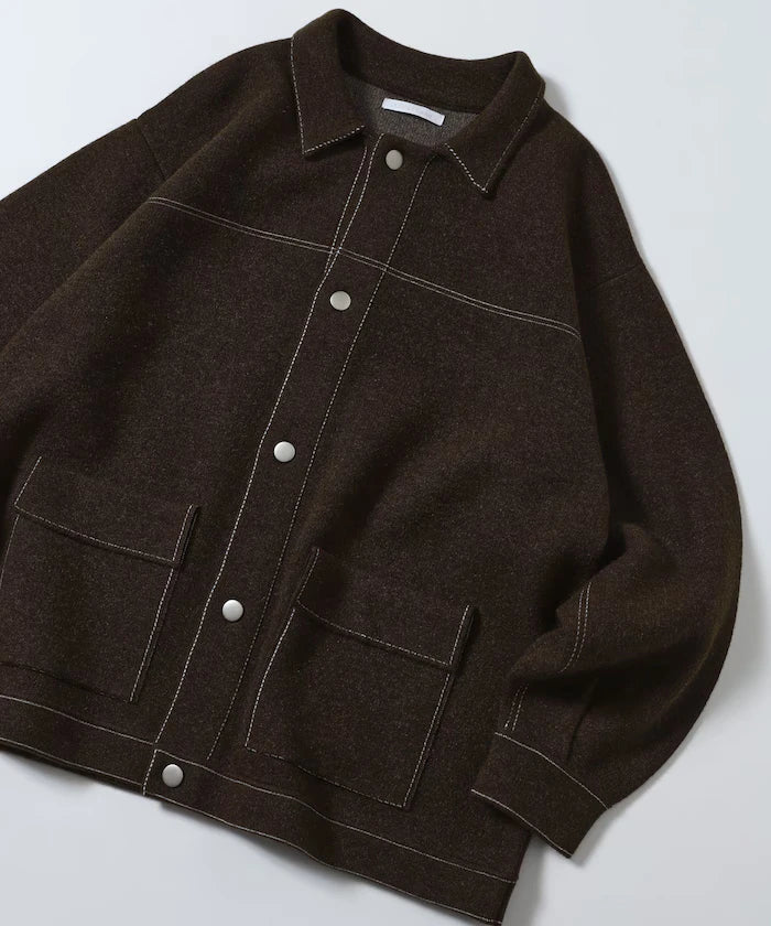Oversized Wool Blend Knit Coverall / Color Stitch Knit Jacket