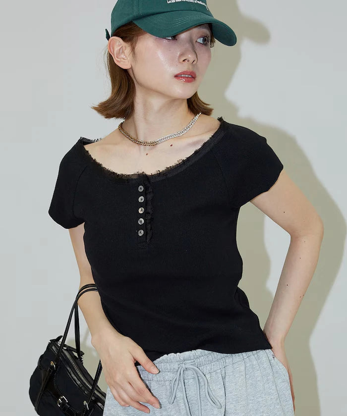 Collar Lace Contrast Henry Rib T-Shirt