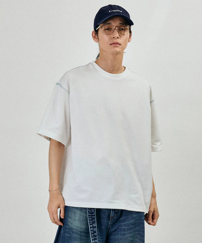 Box Silhouette Contrast Ladder Stitch Crew Neck T-Shirt