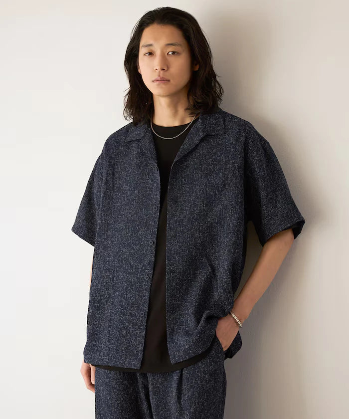 Dry Touch Summer Tweed Short Sleeve Open Collar Shirt