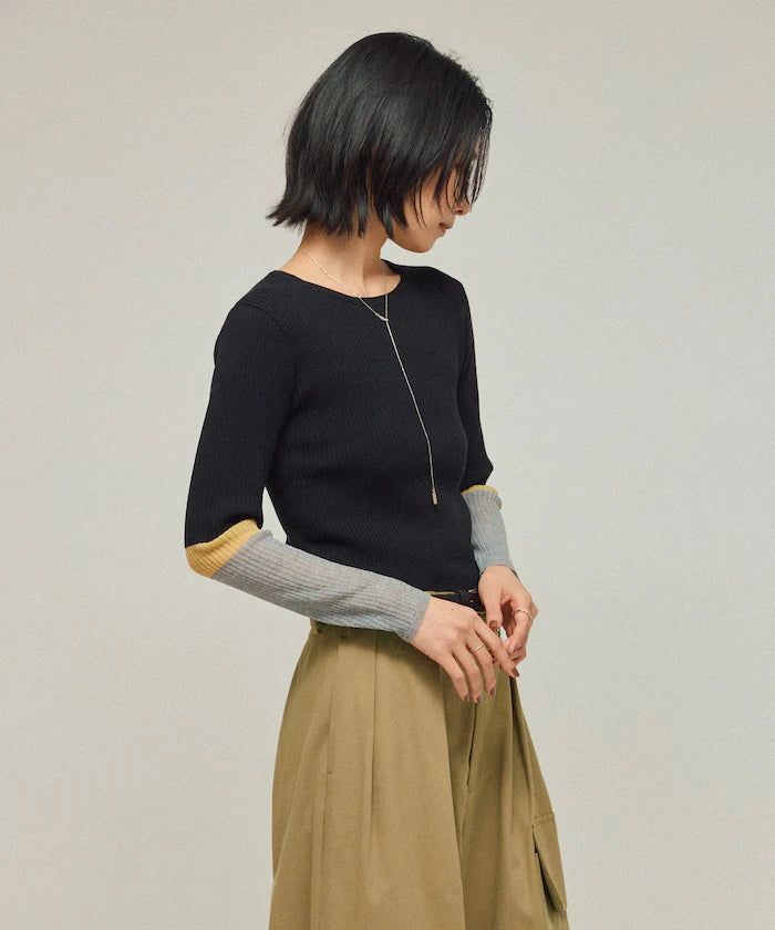 Functional material silk blend color block knit pullover / anti-pill / machine washable