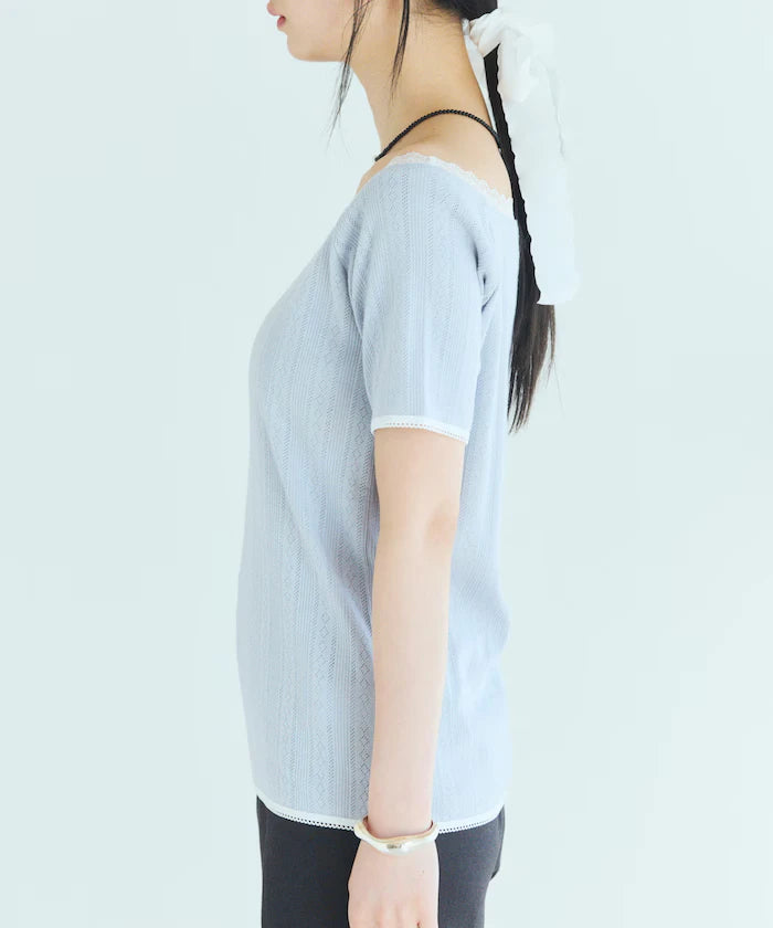Boat Neck Pullover Knit Lace T-Shirt