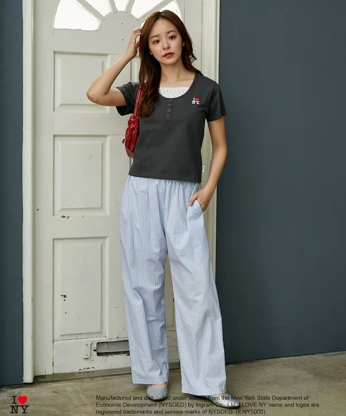 I LOVE NY Floral Pattern Layered Style Henley Neck T-Shirt Limited Edition