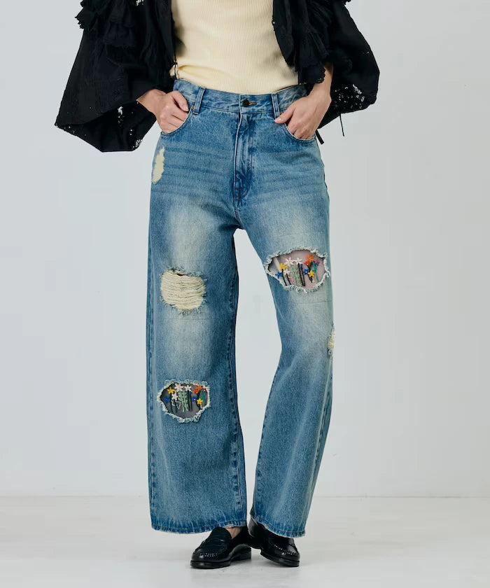 Flower Embroidery Wide Denim