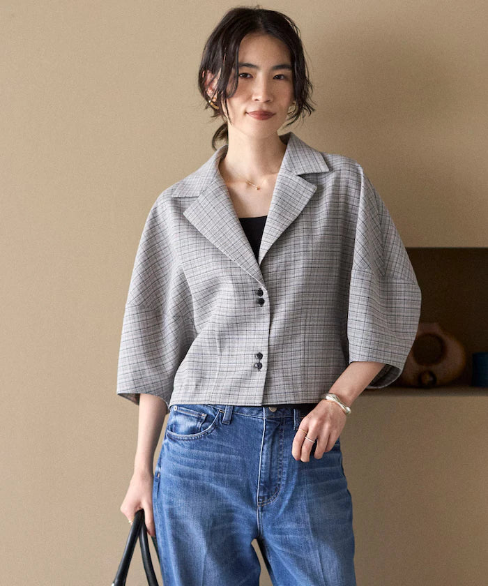 Collar Check Balloon Sleeve Shirt / Compatible with Setup