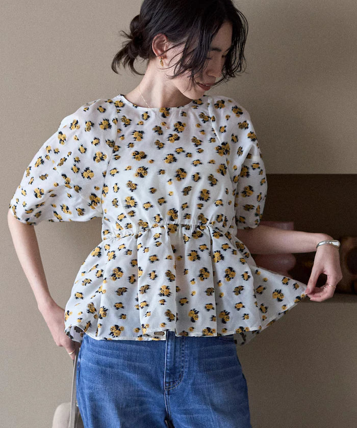 Flower Sheer Jacquard Volume Sleeve Peplum Blouse / 5 Minutes Sleeve