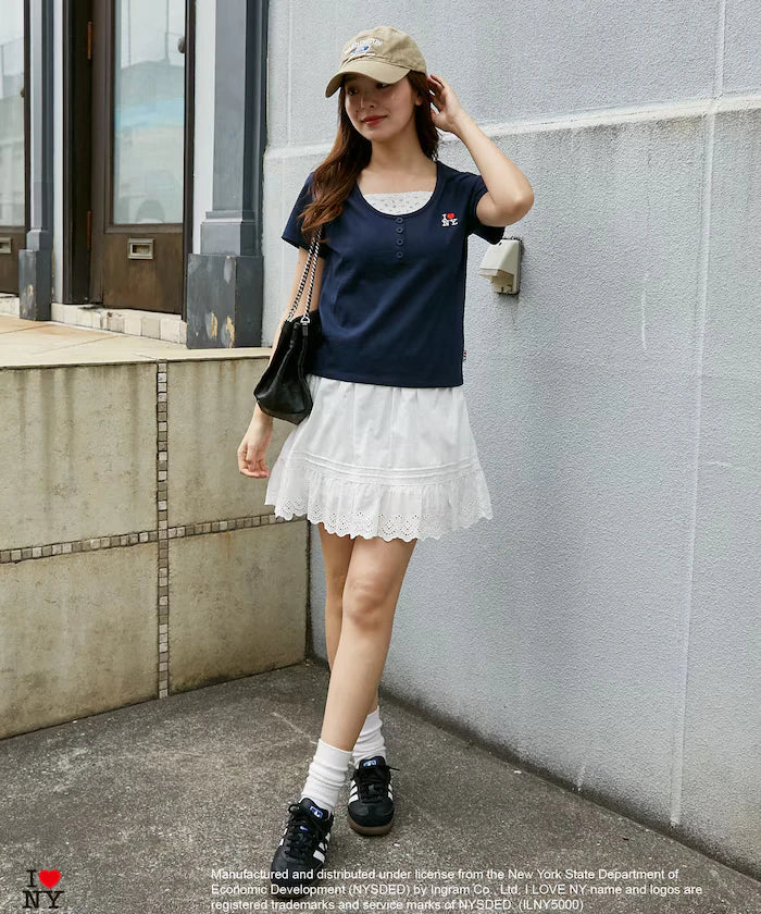 I LOVE NY Floral Pattern Layered Style Henley Neck T-Shirt Limited Edition