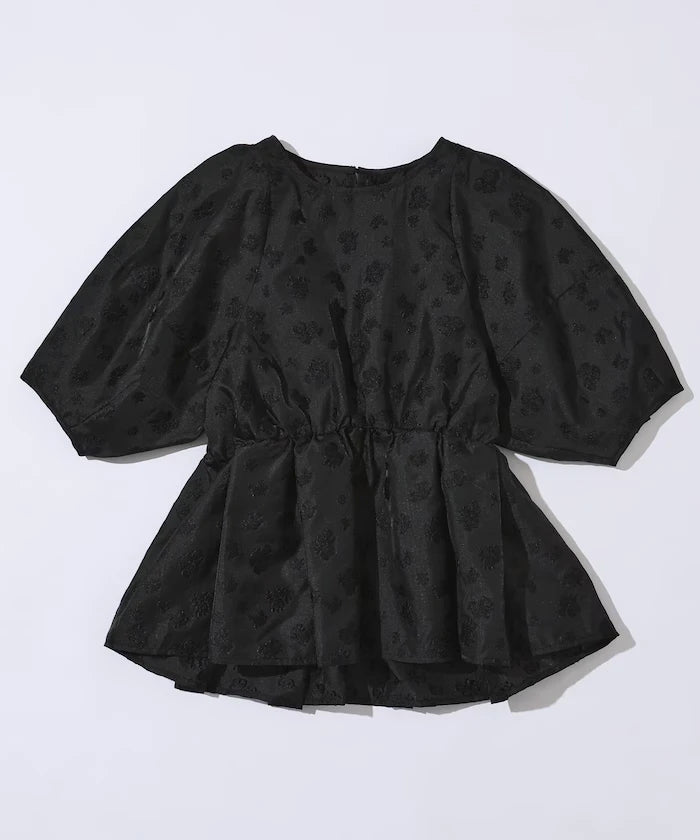 Flower Sheer Jacquard Volume Sleeve Peplum Blouse / 5 Minutes Sleeve
