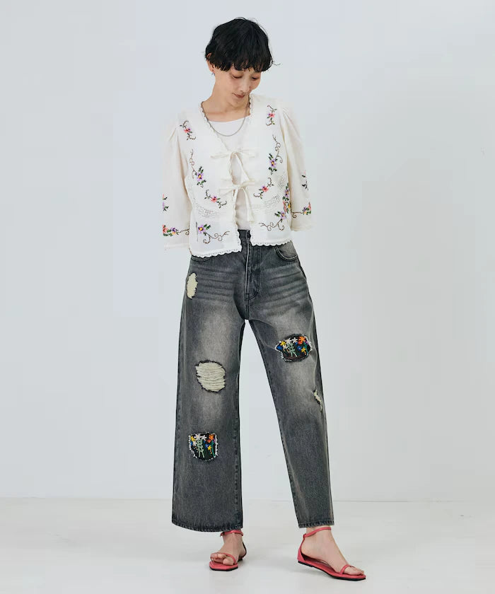 Flower Embroidery Wide Denim