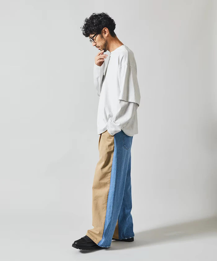 Chino Denim Docking Pants / Wide Straight Pants