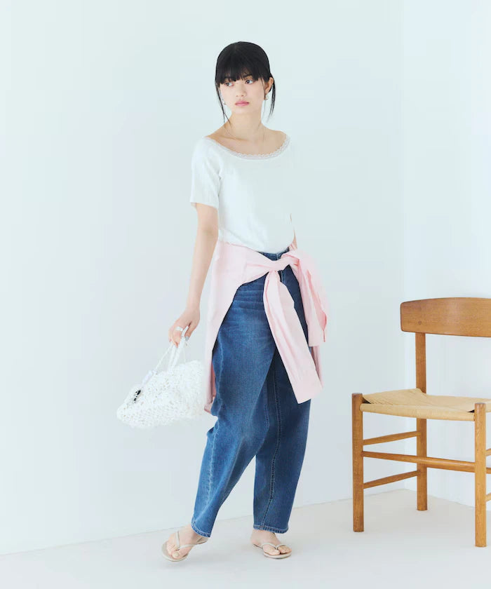 Boat Neck Pullover Knit Lace T-Shirt