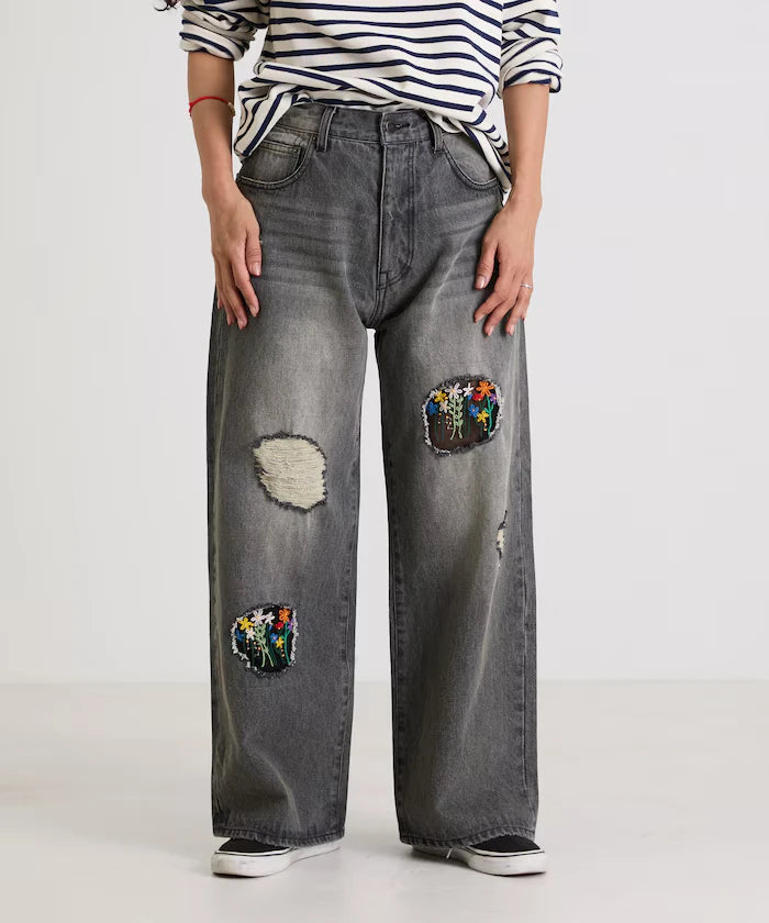 Flower Embroidery Wide Denim